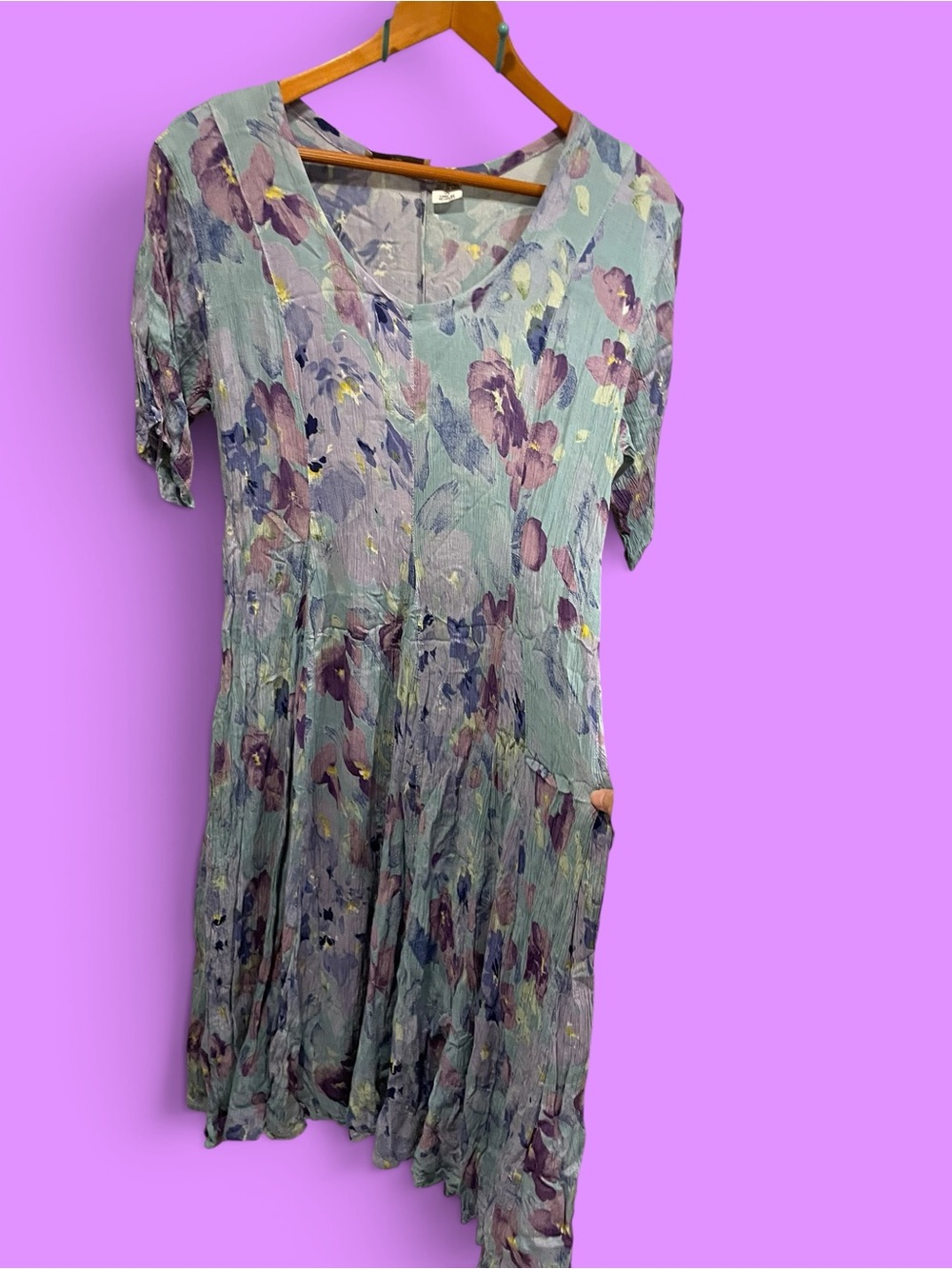 Cute 80s baby blue floral crinkle drop waist hippie festival mid-maxi dress